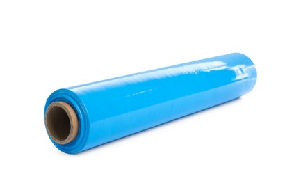 Photo of Roll of light blue stretch wrap isolated on white