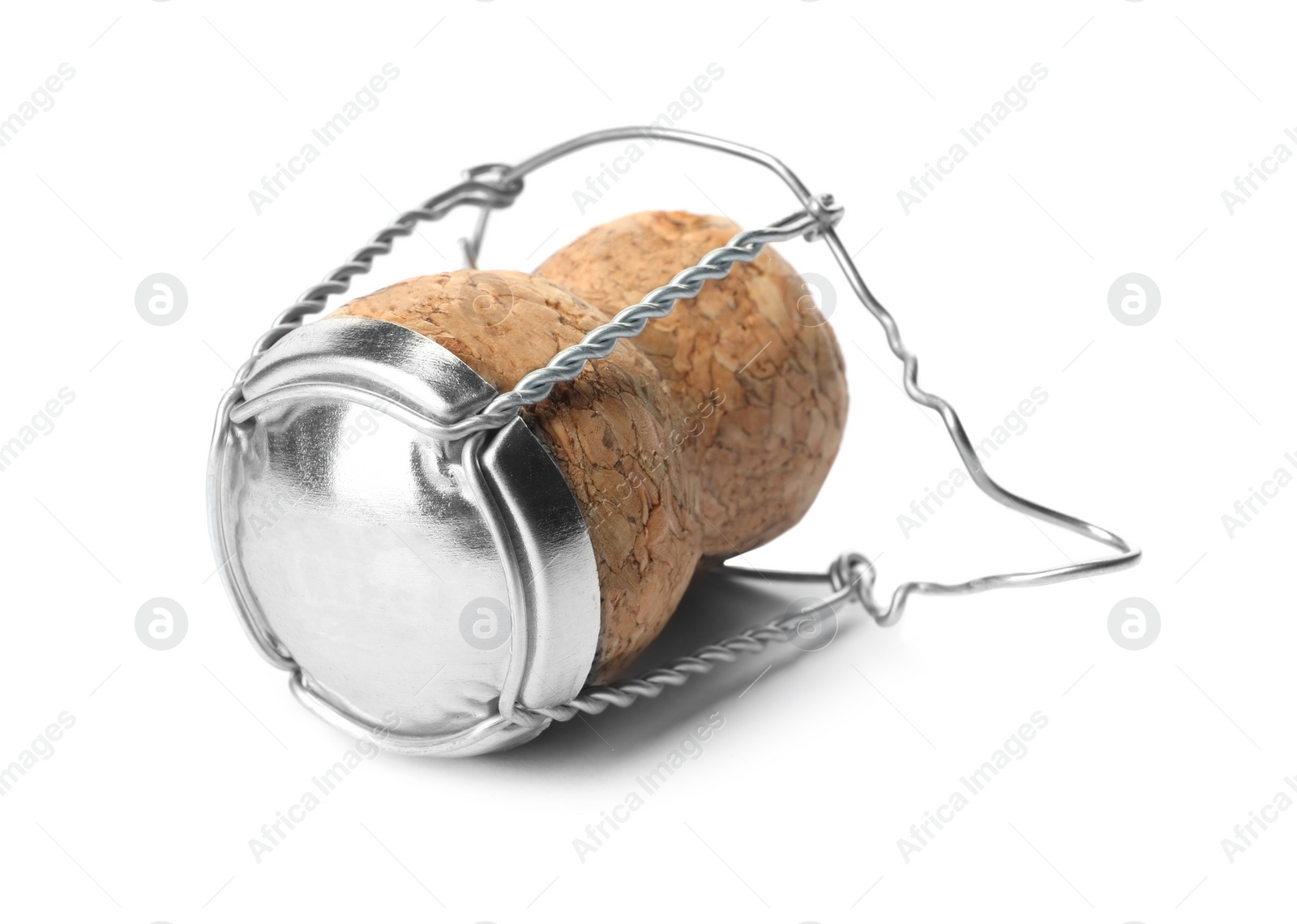 Photo of Champagne cork with wire cage isolated on white
