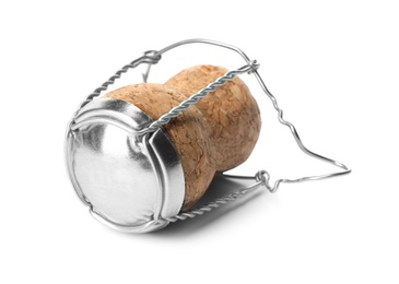 Photo of Champagne cork with wire cage isolated on white