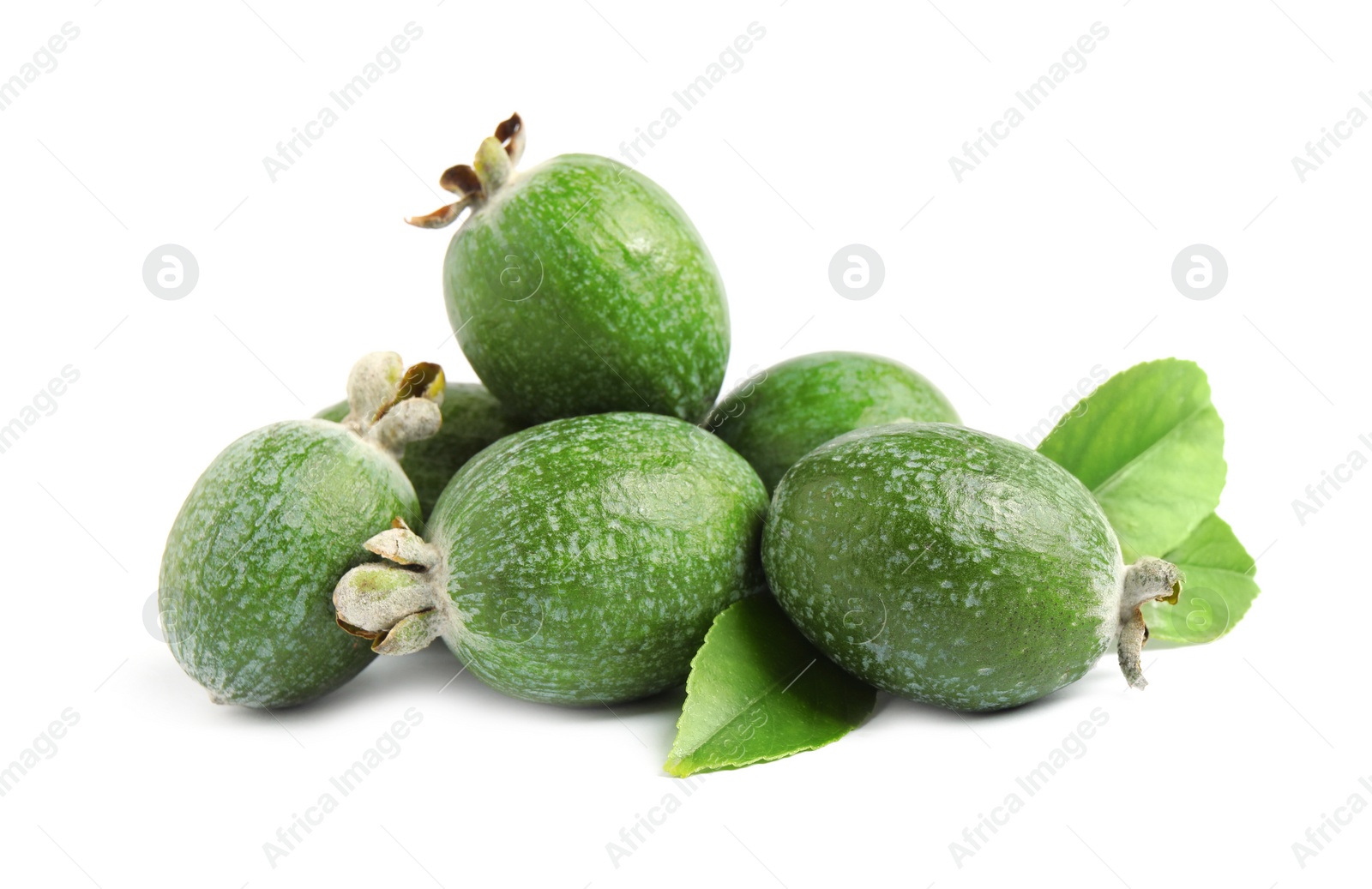 Photo of Pile of feijoas and leaves on white background