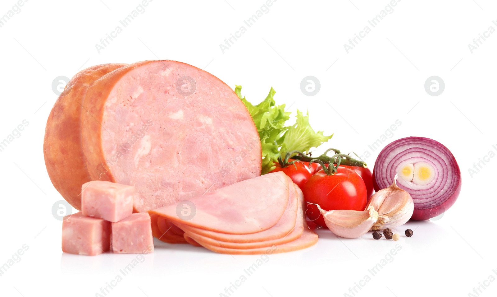 Photo of Tasty fresh ham with vegetables and pepper isolated on white