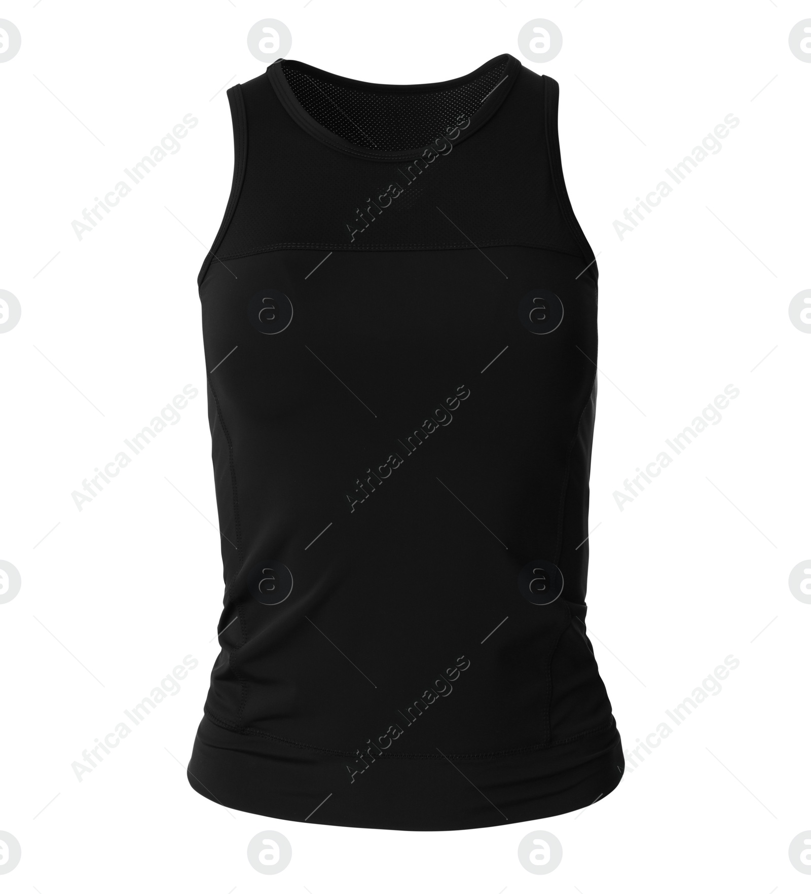 Photo of Black women's top isolated on white. Sports clothing