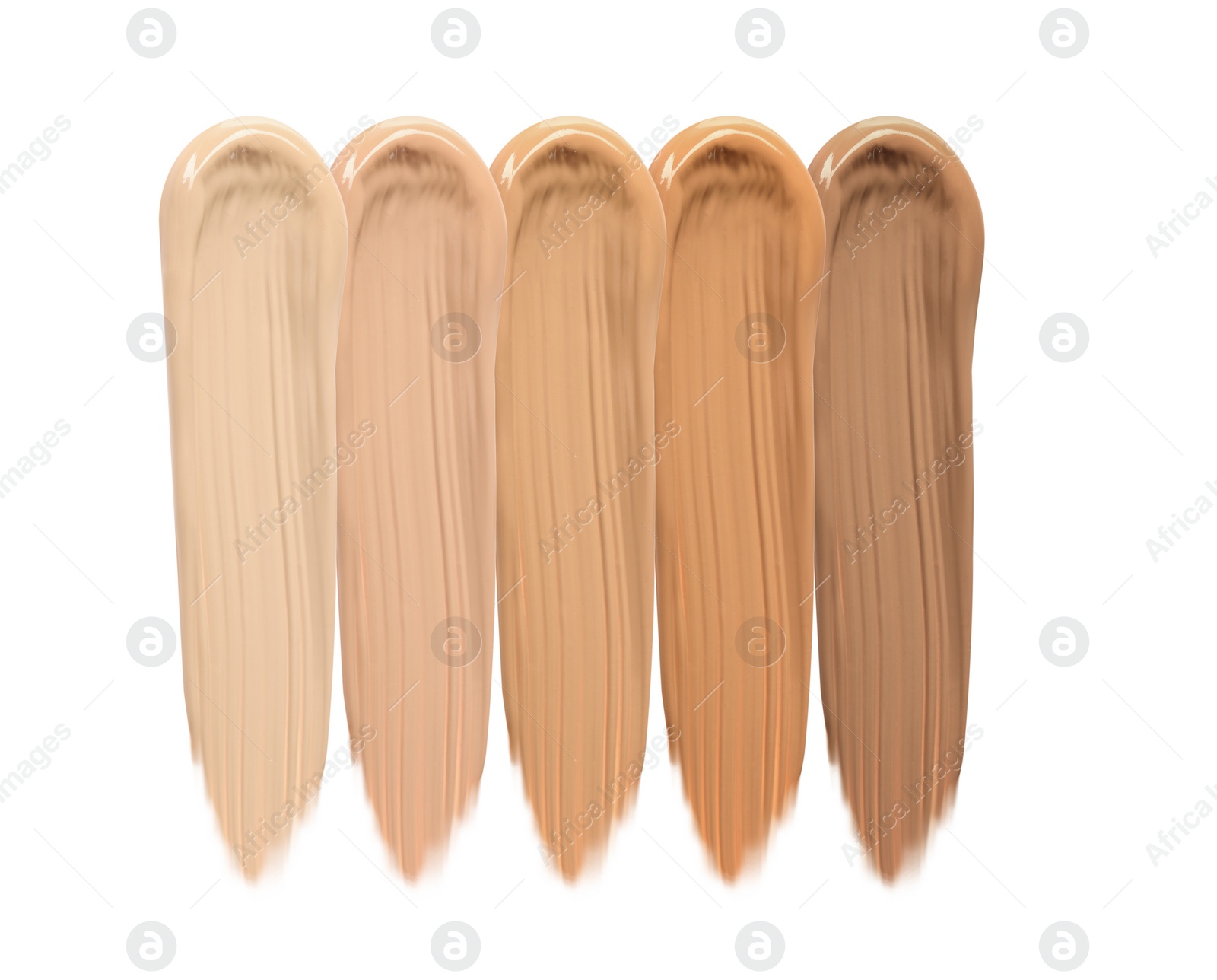 Image of Different shades of liquid skin foundation on white background, top view