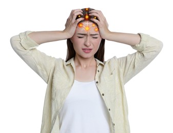 Young woman having headache on white background 