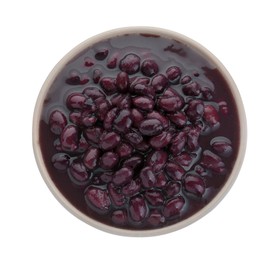 Photo of Bowl of canned kidney beans on white background, top view