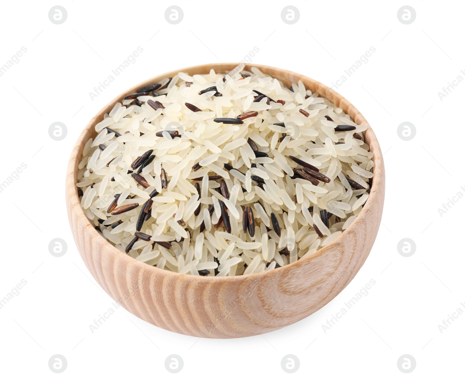 Photo of Mix of brown and polished rice in wooden bowl isolated on white