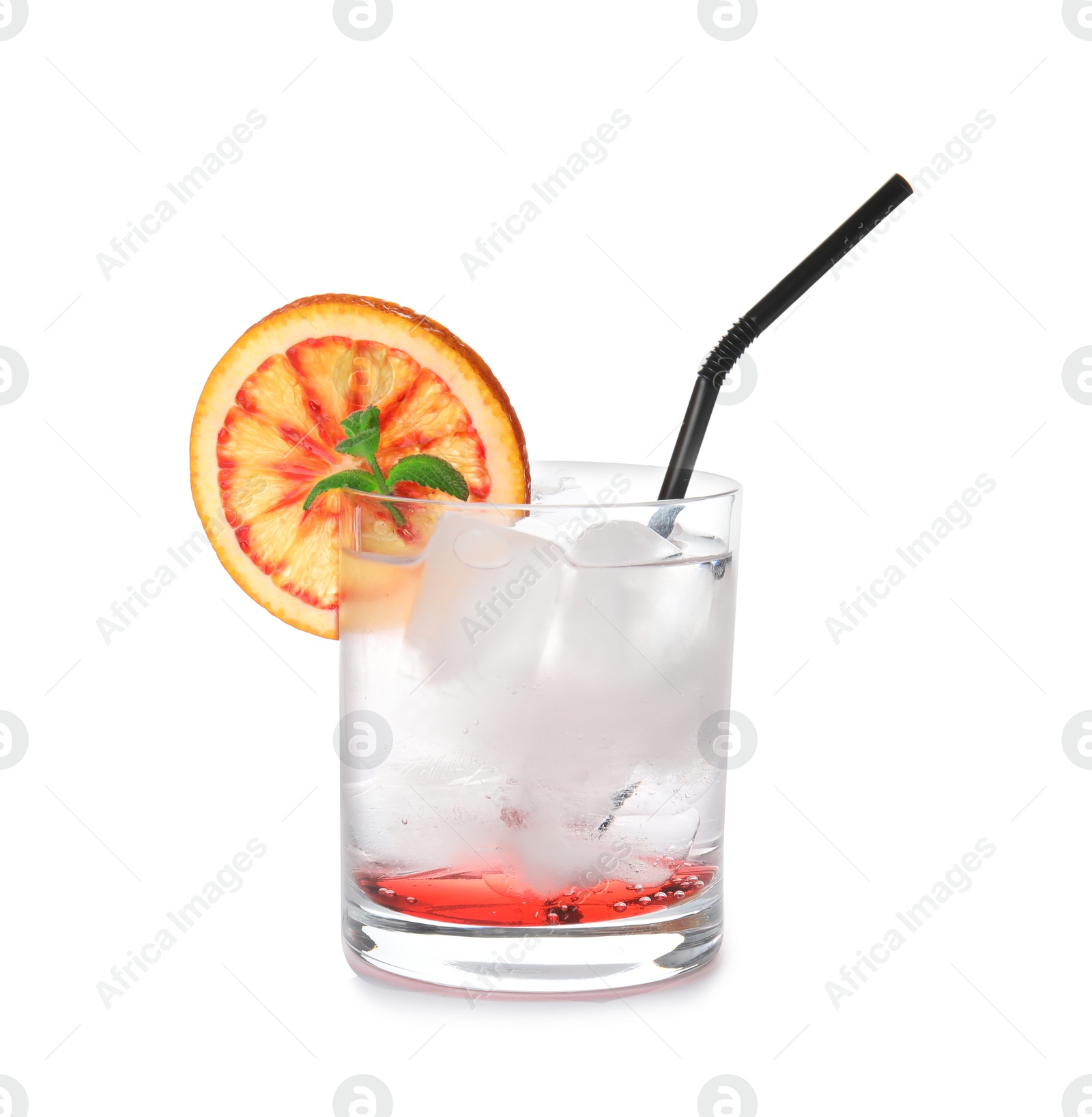 Photo of Glass of drink with orange and ice cubes isolated on white