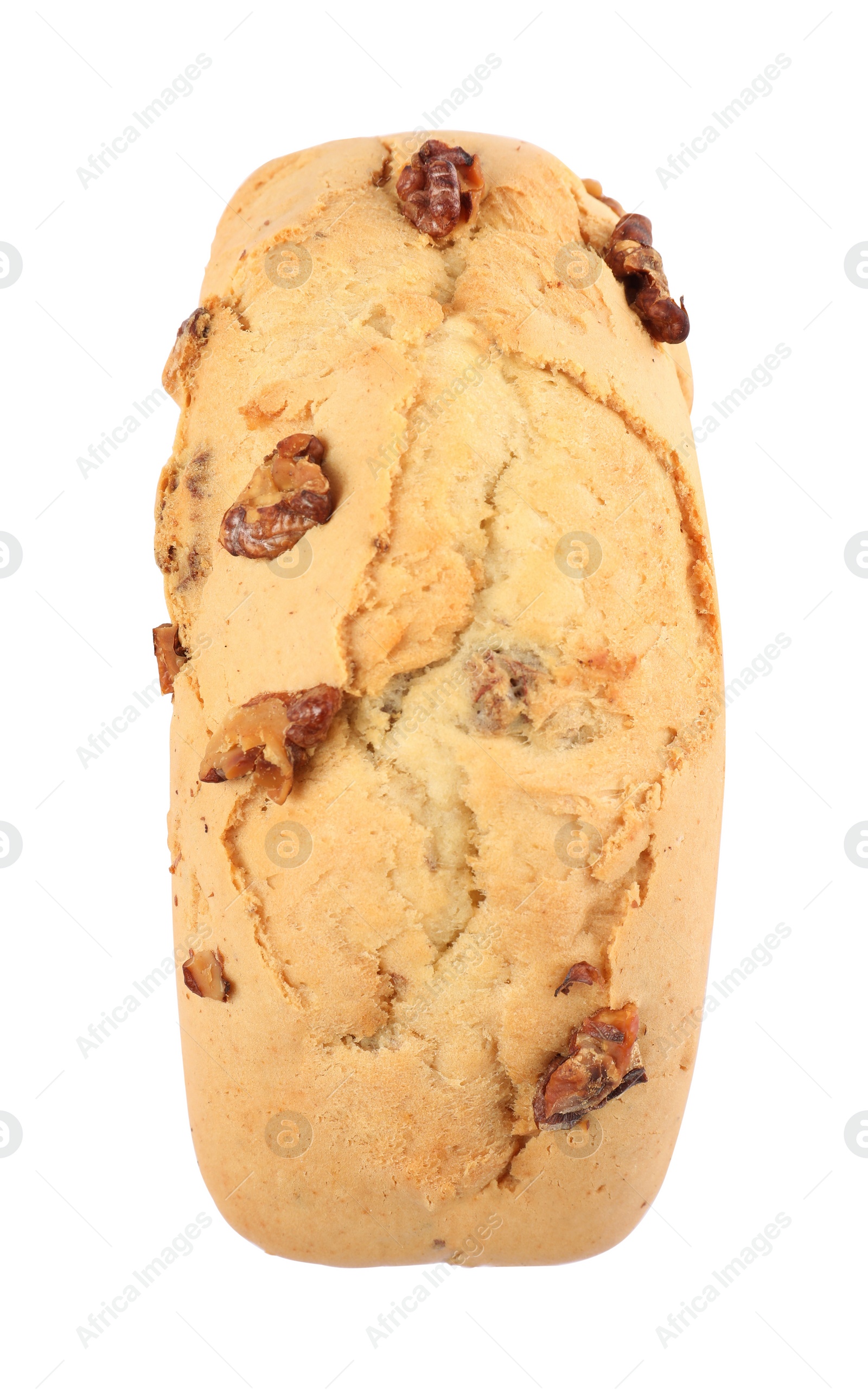 Photo of Tasty cake with nuts isolated on white, top view. Fresh pastry