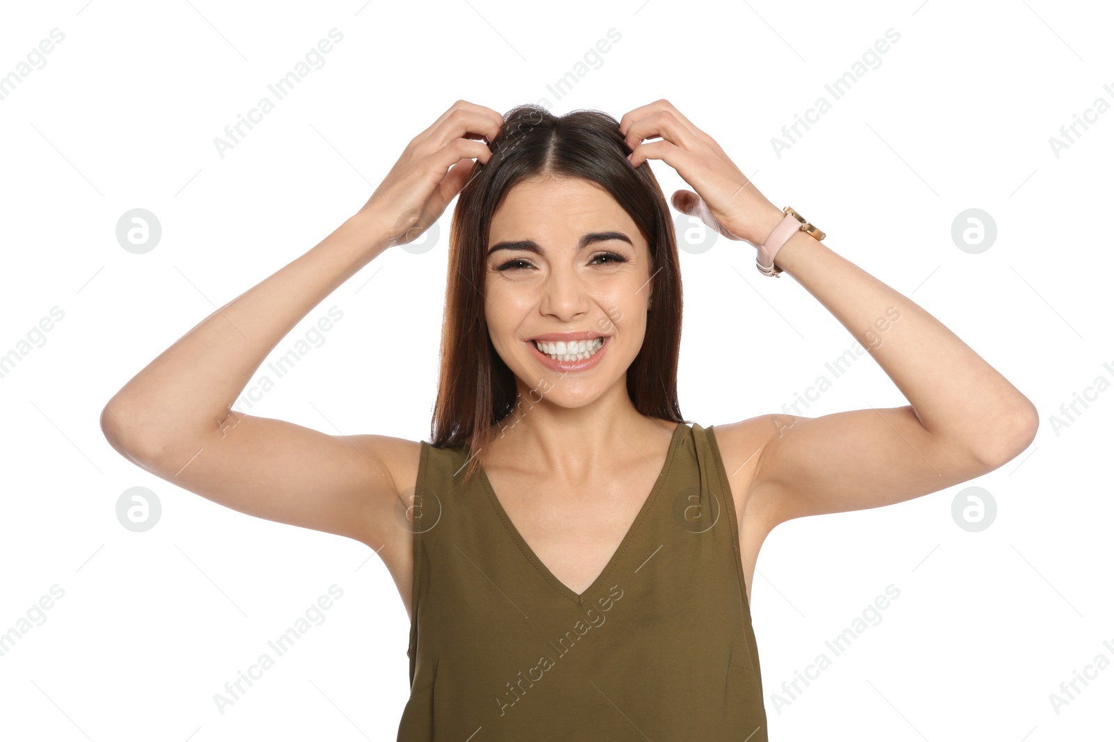 Photo of Young woman scratching head on white background. Annoying itch