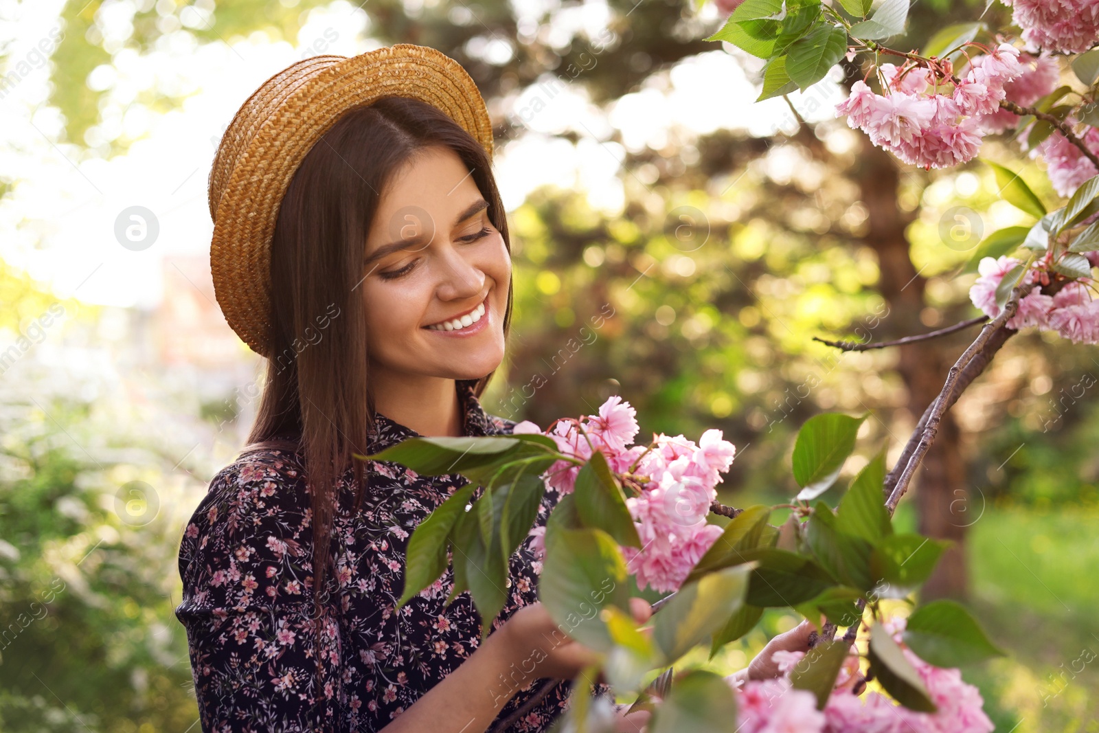 Photo of Beautiful young woman near blossoming sakura tree in park