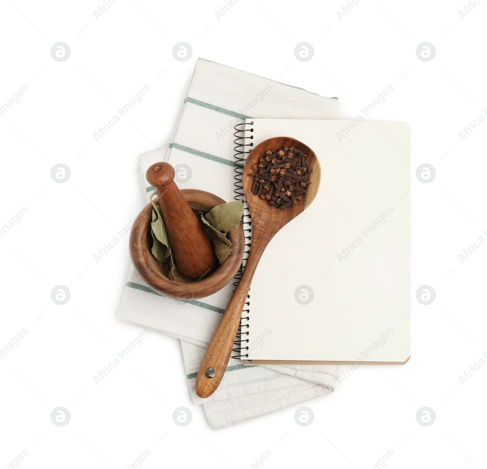 Photo of Blank recipe book, spices, napkin and kitchen utensils on white background, top view. Space for text