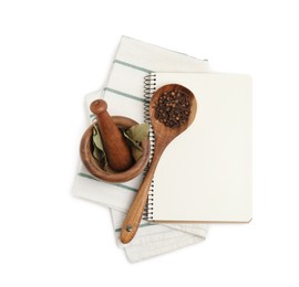 Blank recipe book, spices, napkin and kitchen utensils on white background, top view. Space for text