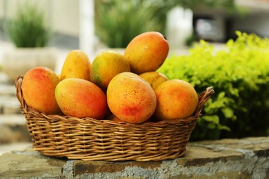 Photo of Delicious fresh ripe mangos in basket outdoors