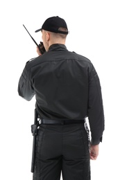 Photo of Male security guard using portable radio transmitter on white background