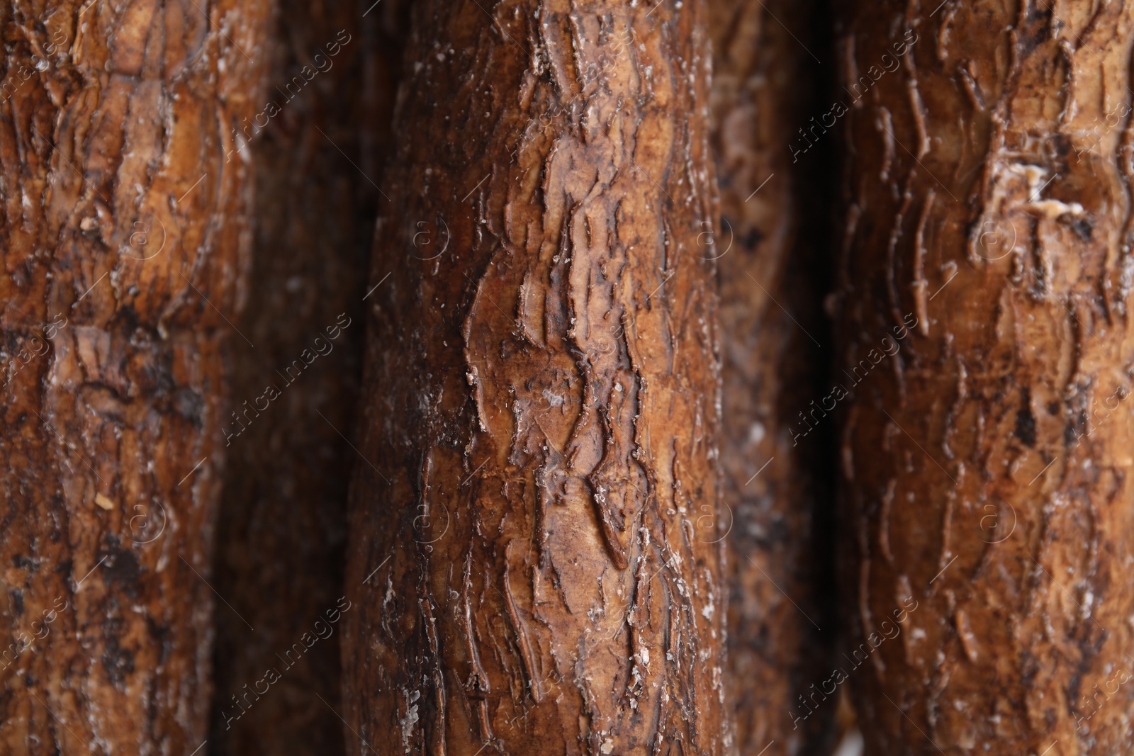 Photo of Fresh cassava roots as background, top view