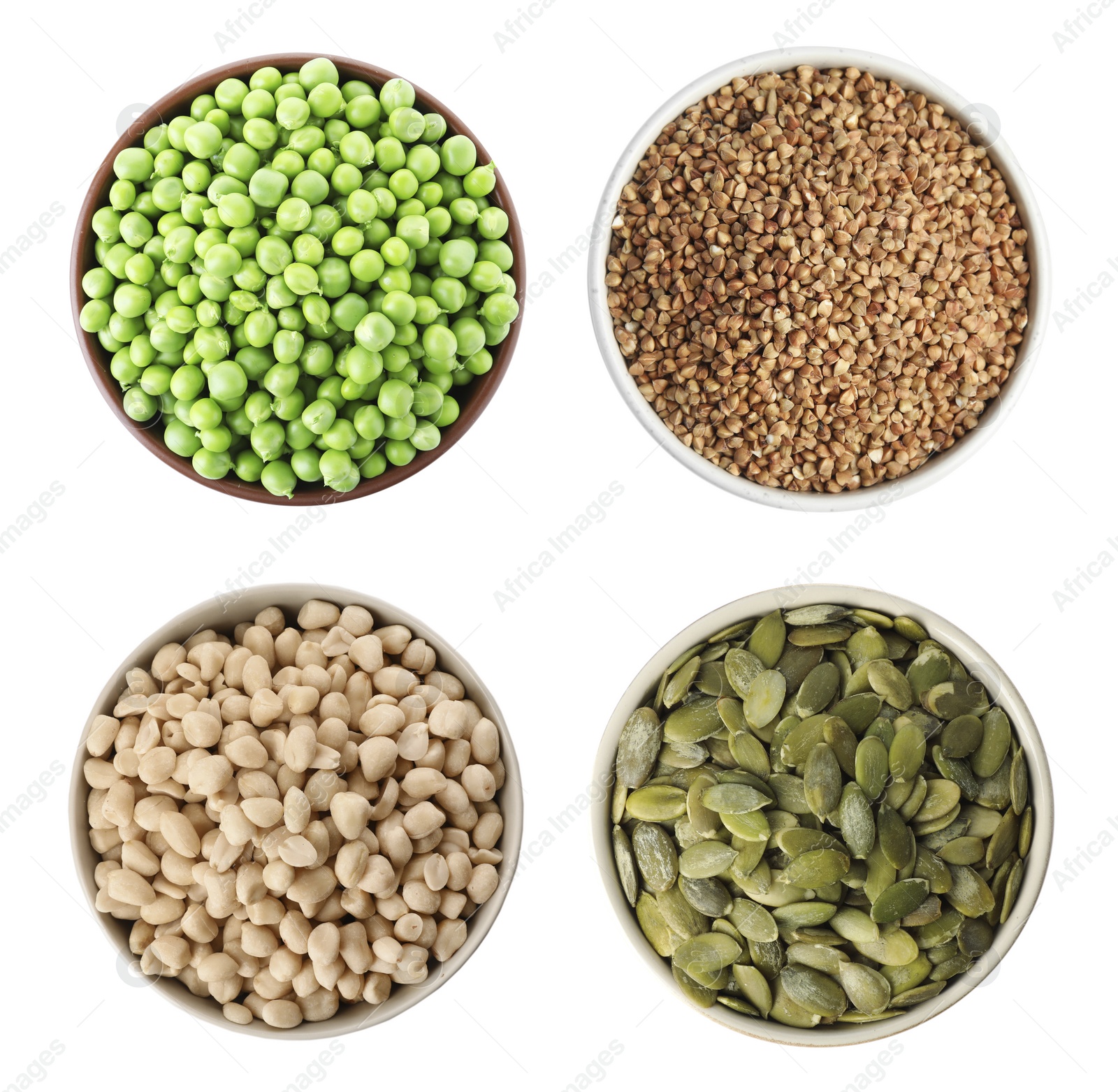 Image of Set with food rich in protein on white background, top view