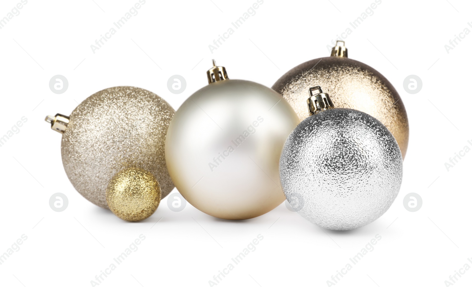 Photo of Beautiful golden and silver Christmas balls isolated on white