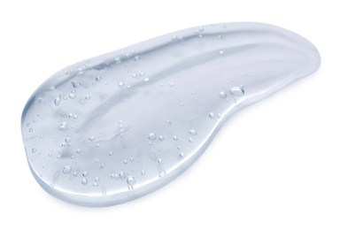 Photo of Sample of transparent shower gel on white background