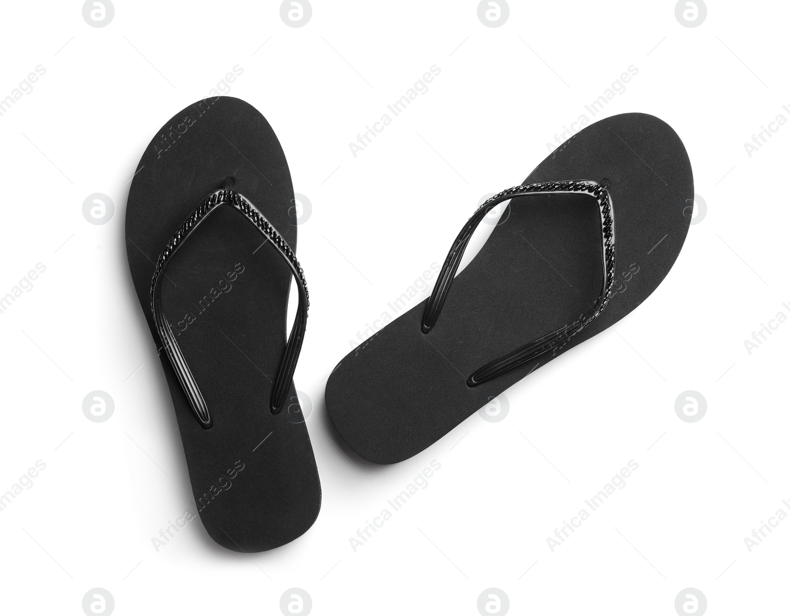 Photo of Pair of stylish flip flops on white background, top view