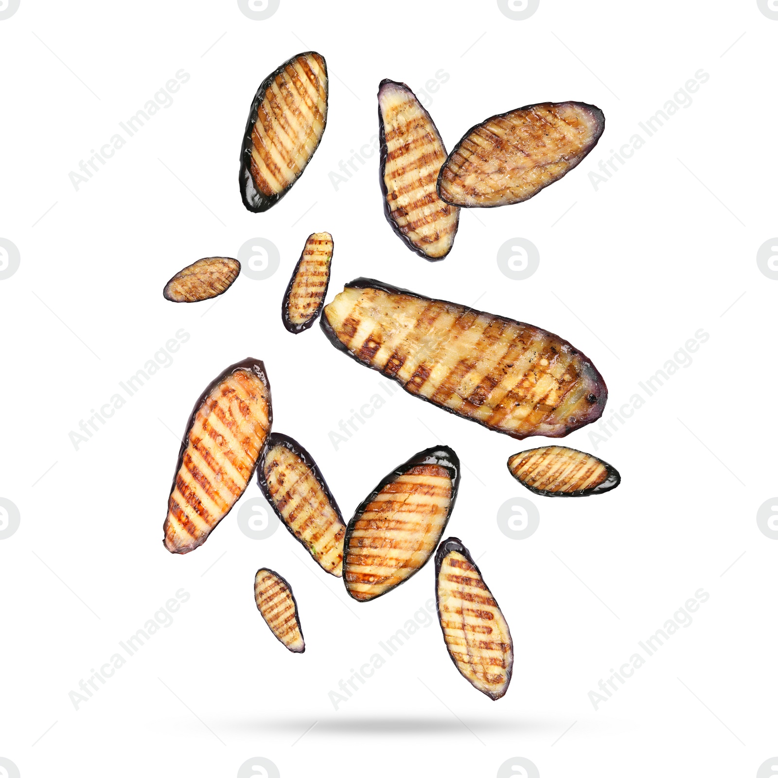 Image of Slices of grilled eggplants in air on white background