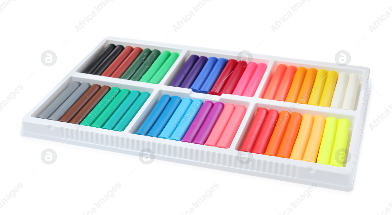 Photo of Many different colorful plasticine pieces on white background