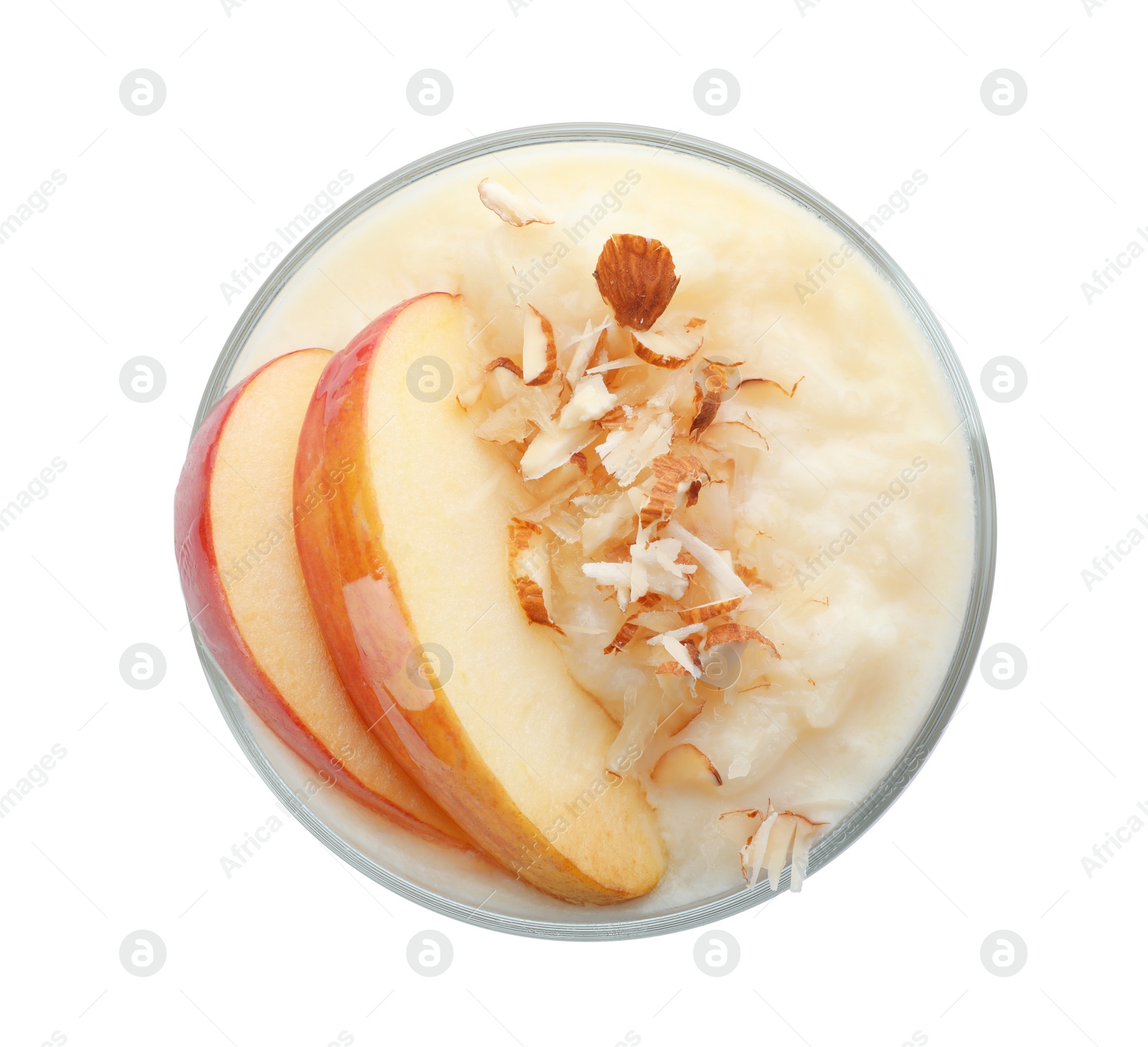 Photo of Delicious rice pudding with apple and almond isolated on white, top view