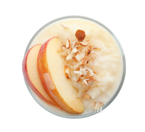 Photo of Delicious rice pudding with apple and almond isolated on white, top view