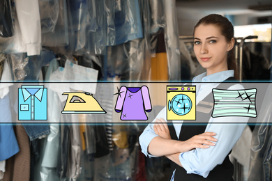 Image of Different icons and young female worker at dry-cleaner's 