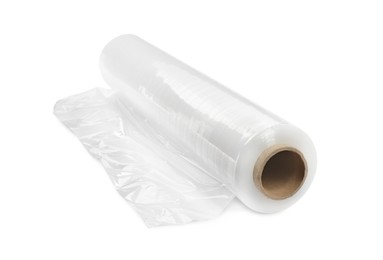 Photo of Roll of plastic stretch wrap film isolated on white