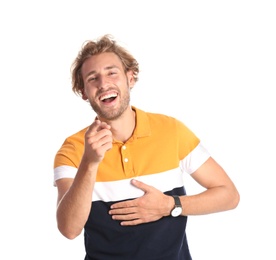 Photo of Handsome young man laughing on white background