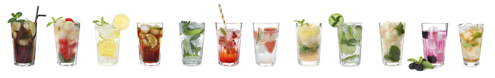 Image of Set with different refreshing cocktails on white background. Banner design