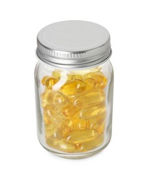 Softgel capsules in bottle isolated on white