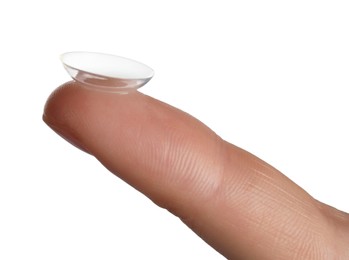 Woman holding contact lens on white background, closeup