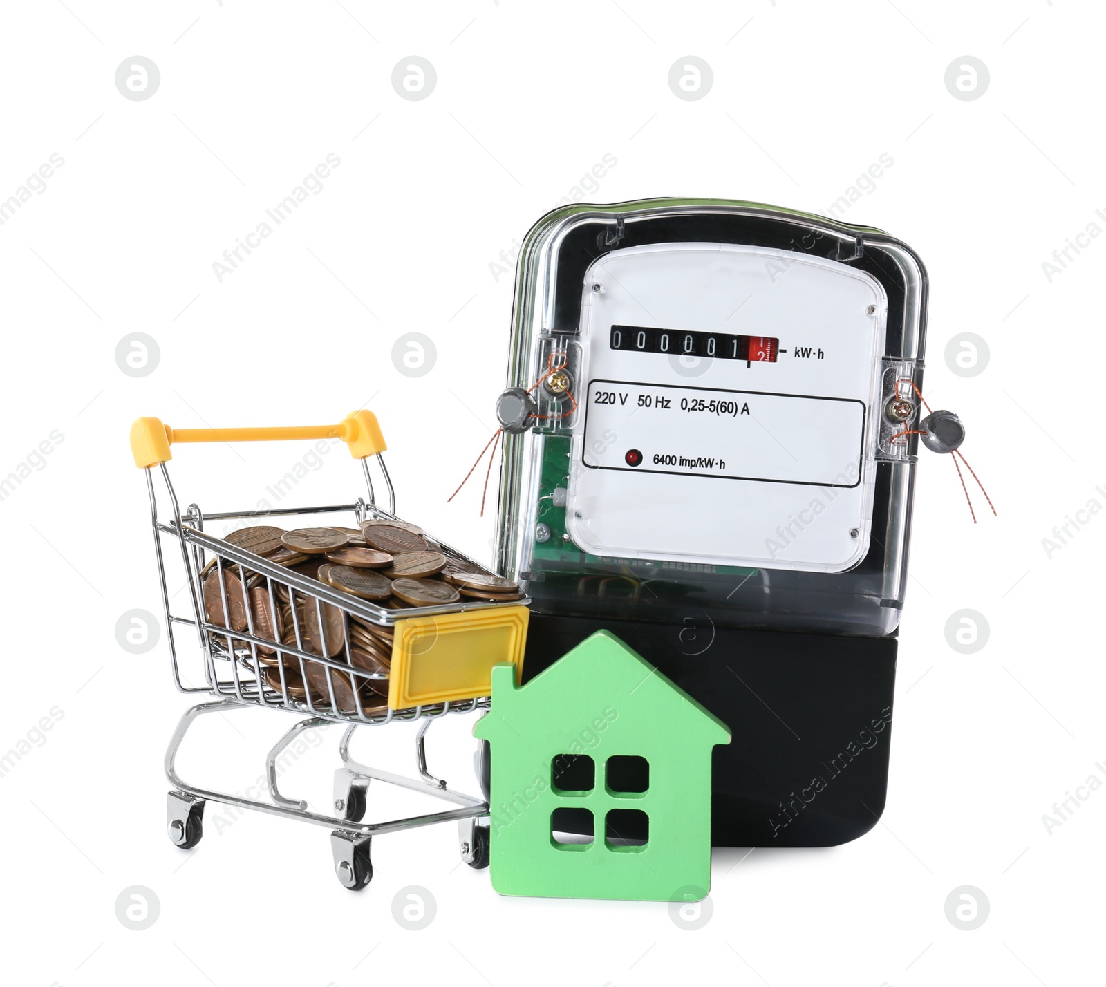 Photo of Electricity meter, house model and small shopping cart with coins on white background