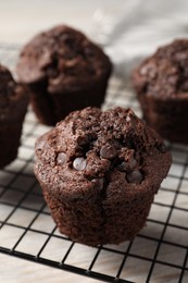 Delicious chocolate muffins on table, closeup view