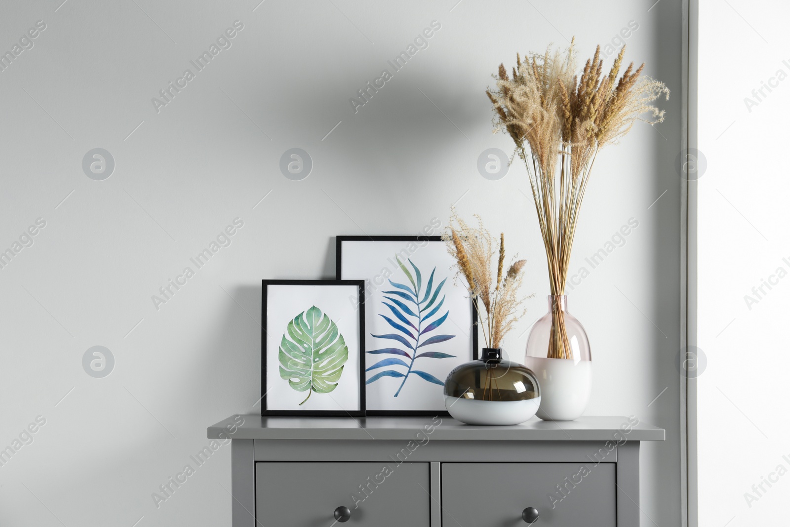 Photo of Reed's blossom in glass vases and pictures on grey cabinet indoors. Space for text