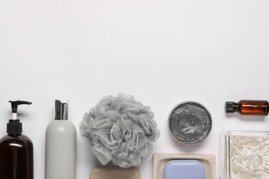 Photo of Bath accessories. Different personal care products on white background, flat lay with space for text