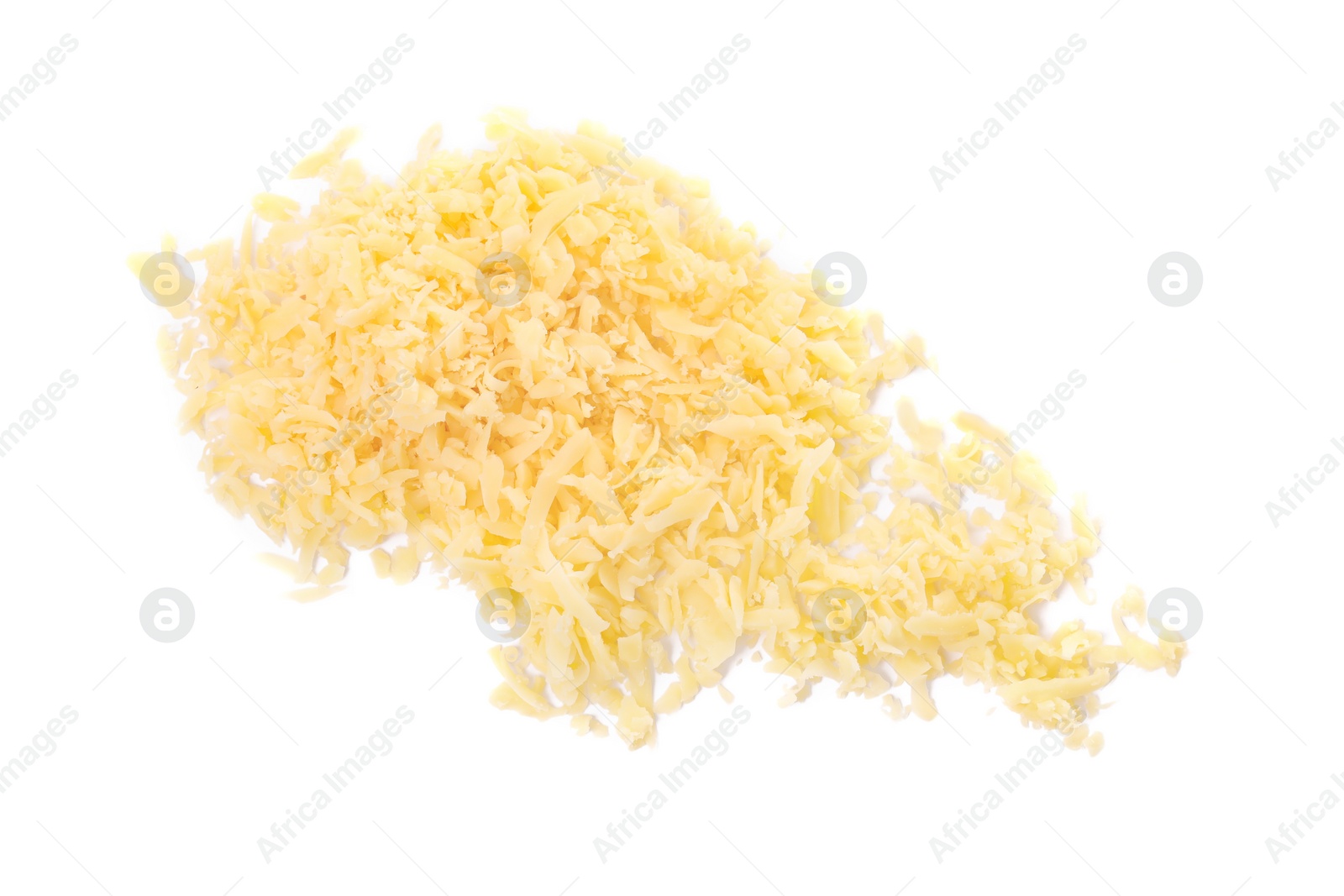 Photo of Pile of tasty grated cheese isolated on white, top view