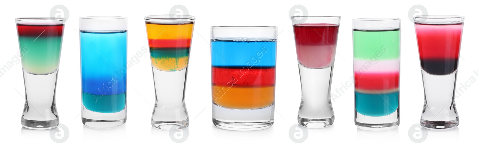 Image of Different shooters in shot glasses isolated on white, set