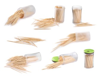 Image of Set with wooden toothpicks on white background 