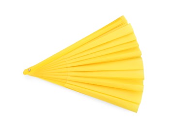 Photo of Bright yellow hand fan isolated on white, top view