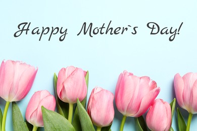 Image of Happy Mother's Day greeting card. Beautiful tulip flowers on light blue background