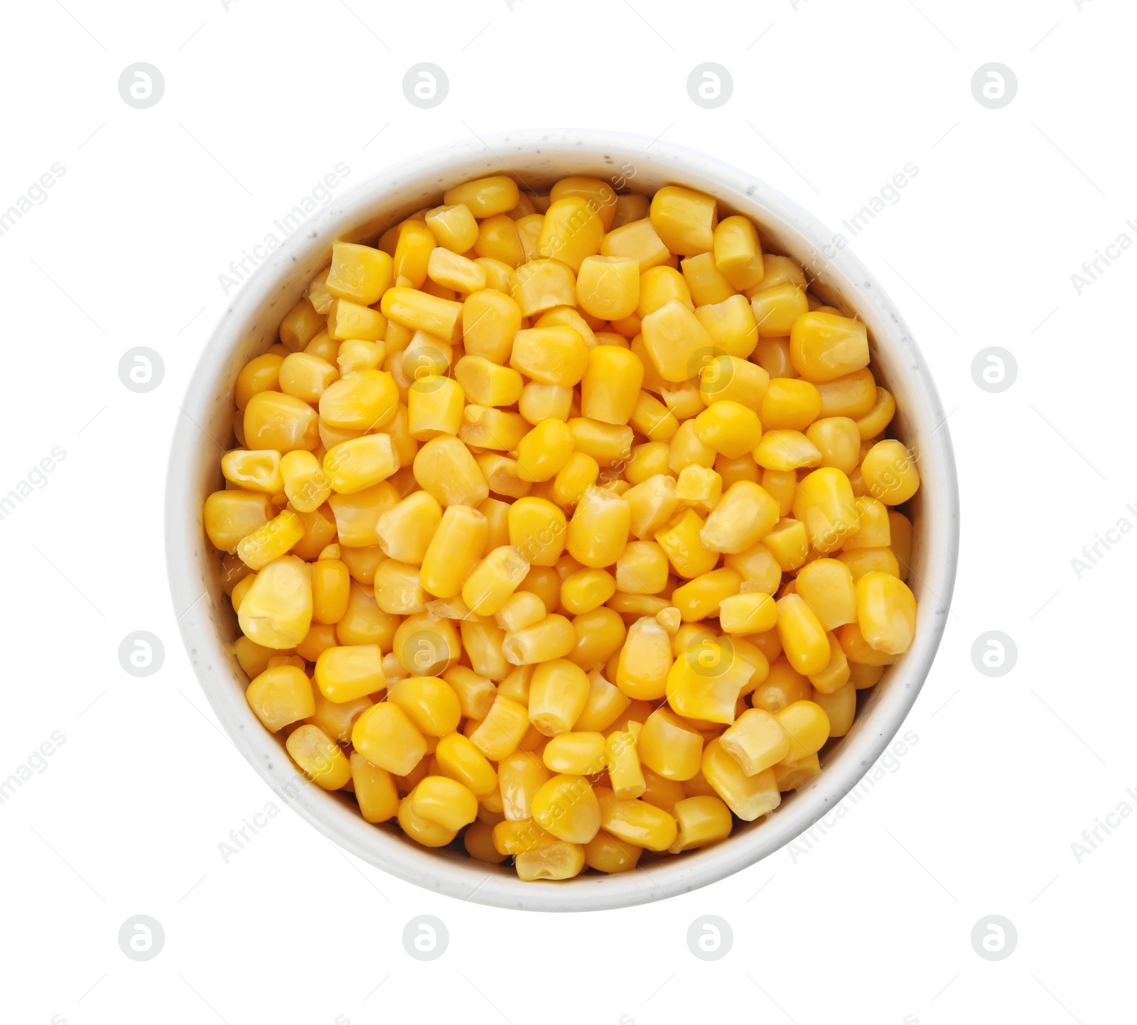 Photo of Bowl with corn kernels on white background, top view