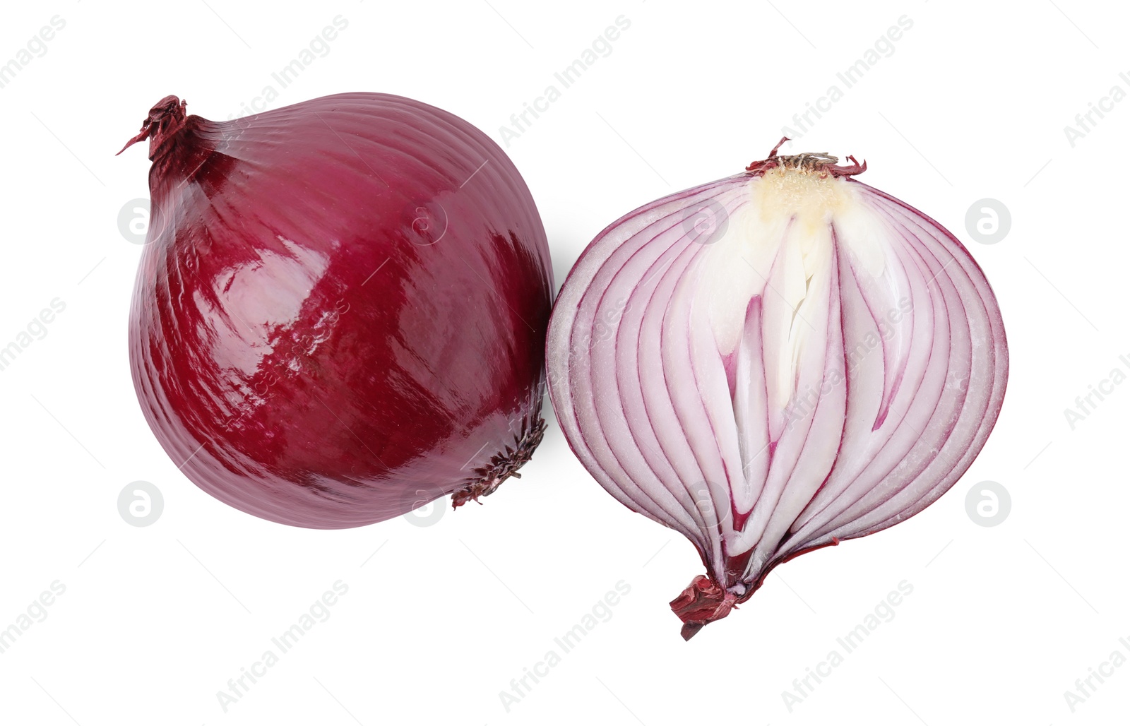 Photo of Ripe fresh red onions isolated on white, top view