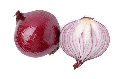 Photo of Ripe fresh red onions isolated on white, top view