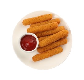 Photo of Tasty cheese sticks with ketchup isolated on white, top view