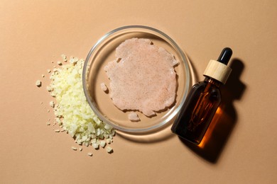 Photo of Flat lay composition with Petri dish on beige background