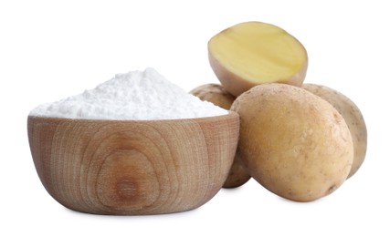 Wooden bowl of starch and fresh raw potatoes on white background