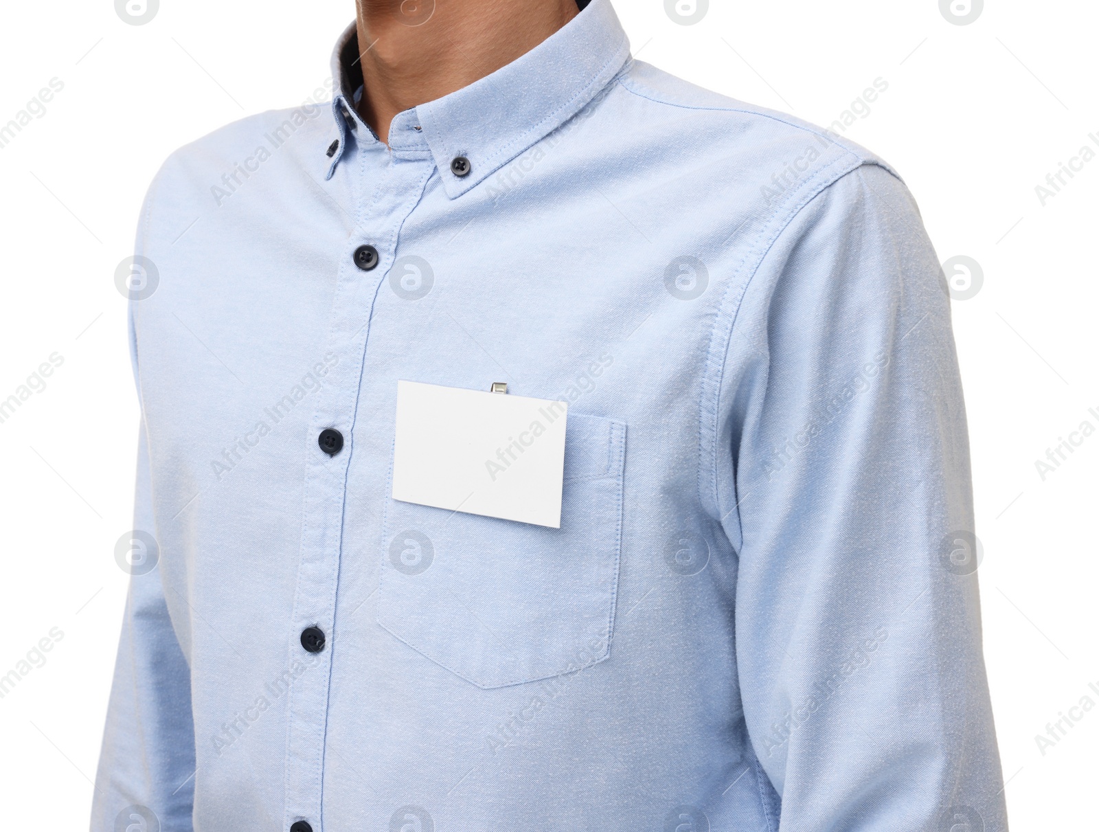 Photo of Man with blank badge on white background, closeup