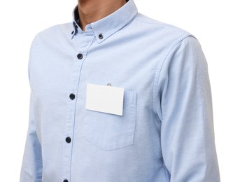 Man with blank badge on white background, closeup